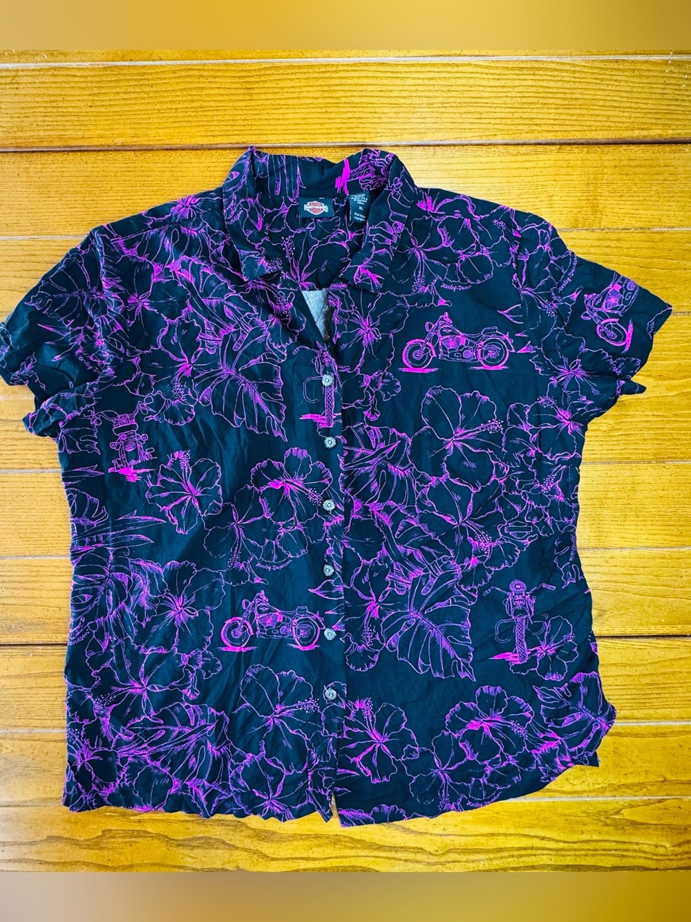 Harley-Davidson Hawaiian Camp Shirt — Black & Pink Floral, Women’s XL